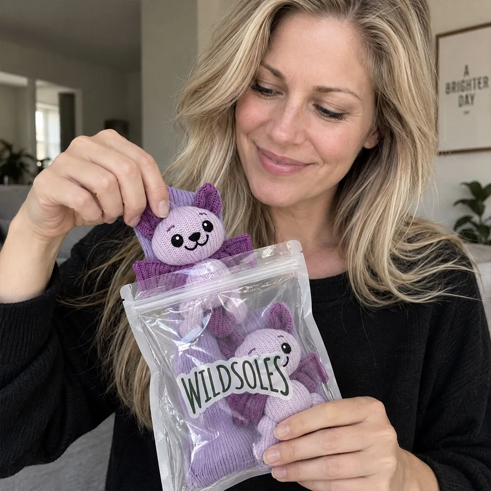 A woman holding purple bat socks in a clear branded Wildsoles pouch