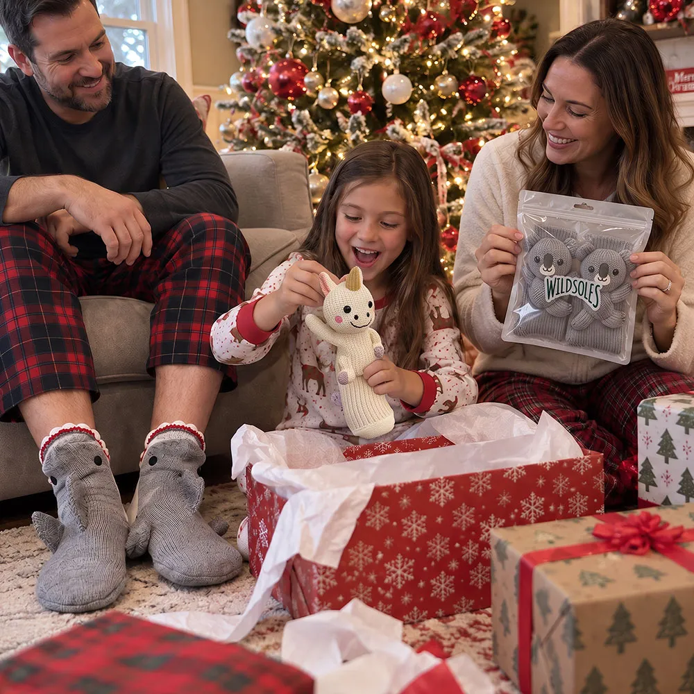 A family in Christmas pajamas opening Wildsoles animal socks by the tree
