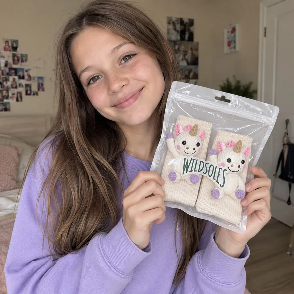 A young woman holding packaged Wildsoles unicorn socks